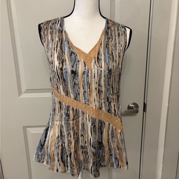 Alberto Makali tan and blue patterned flowy tank top blouse size L - Picture 1 of 16